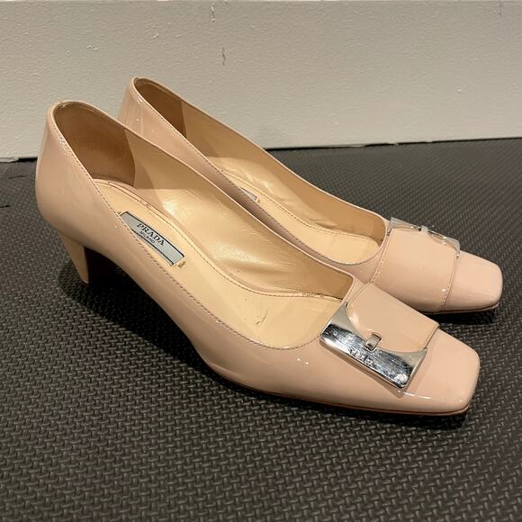 Prada Patent Leather Pumps Square Toe Beige Neutral Silver Women's Size EU 38 - Picture 1 of 5